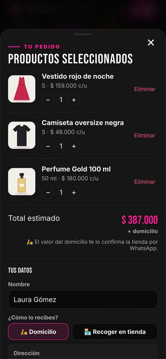 Carrito con los productos elegidos y los datos del cliente
