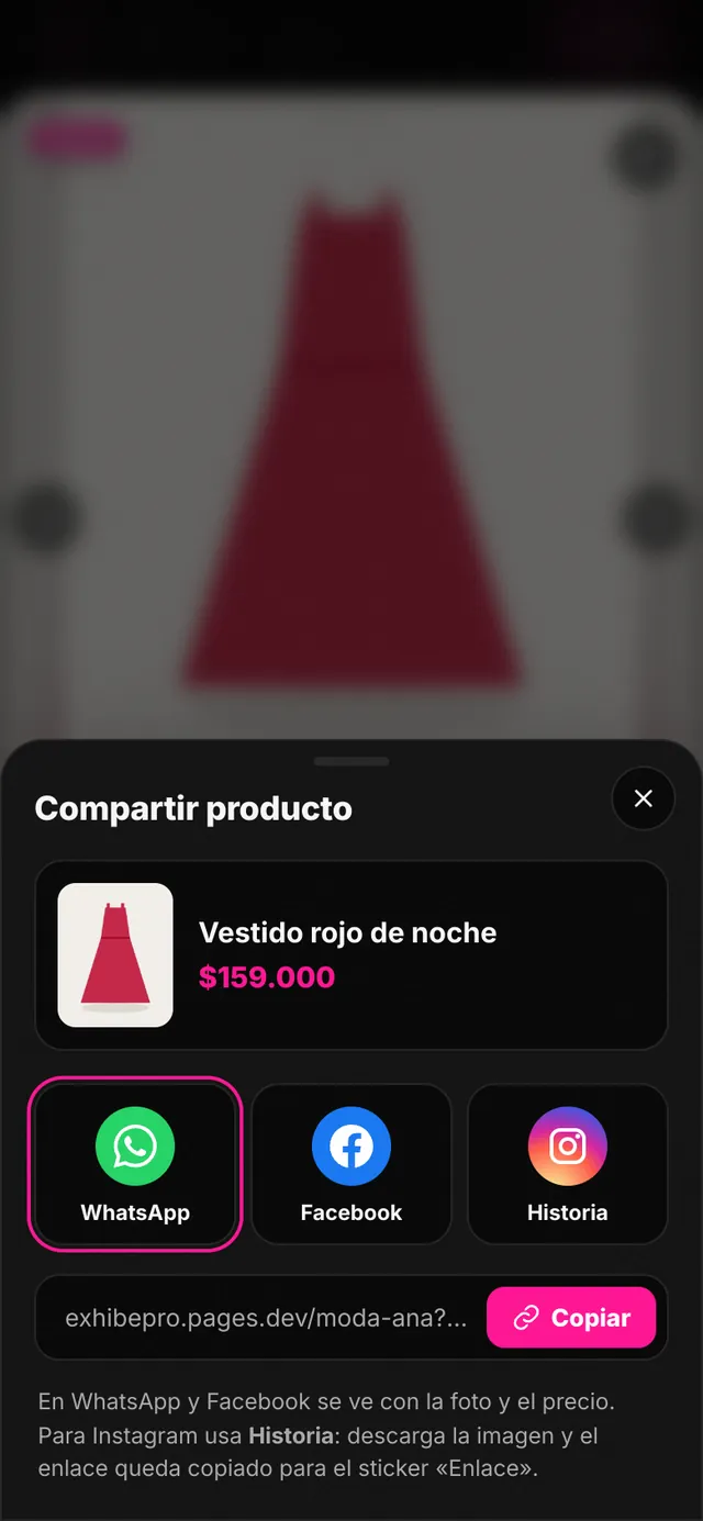 Opciones para compartir un producto por WhatsApp, Facebook e historias