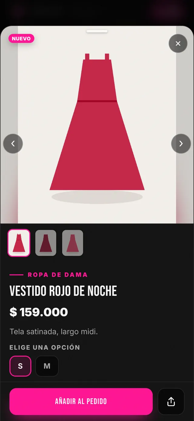 Ficha de un producto con fotos, precio y tallas