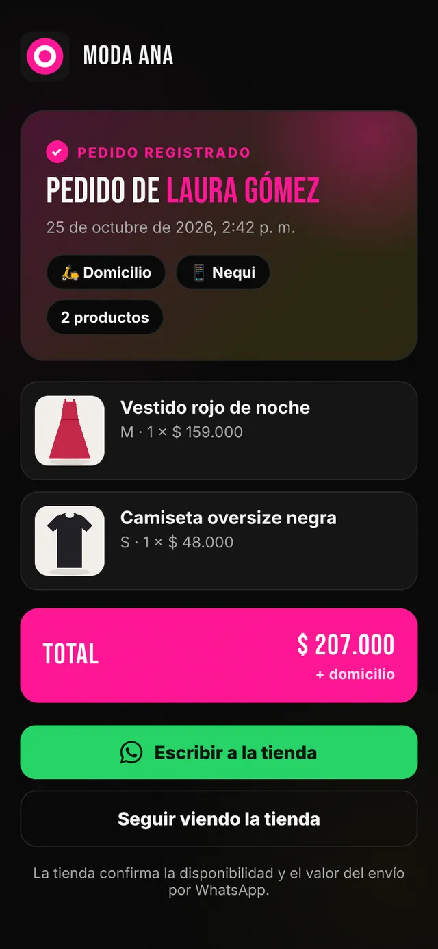 Resumen del pedido que recibe la tienda