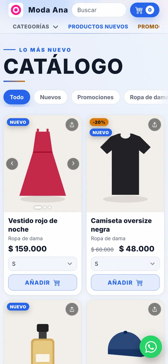 Tienda online con colores claros y azul, vista en el celular