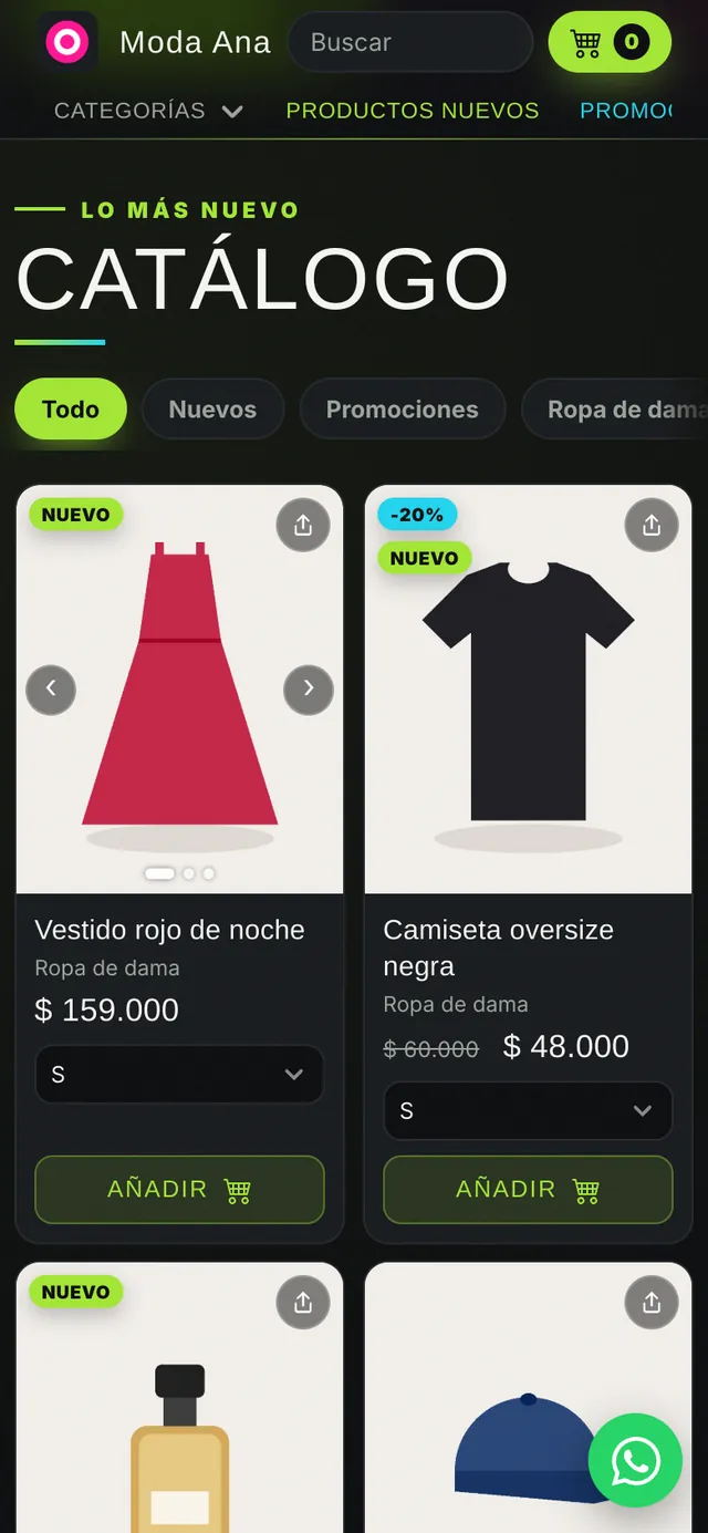 Tienda en línea con colores grafito y lima, vista en el celular