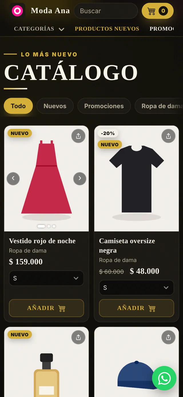 Catálogo virtual con colores negro y dorado, visto en el celular