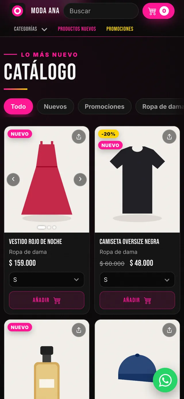 Catálogo de una tienda de ropa hecho con Exhibe Pro, visto en el celular